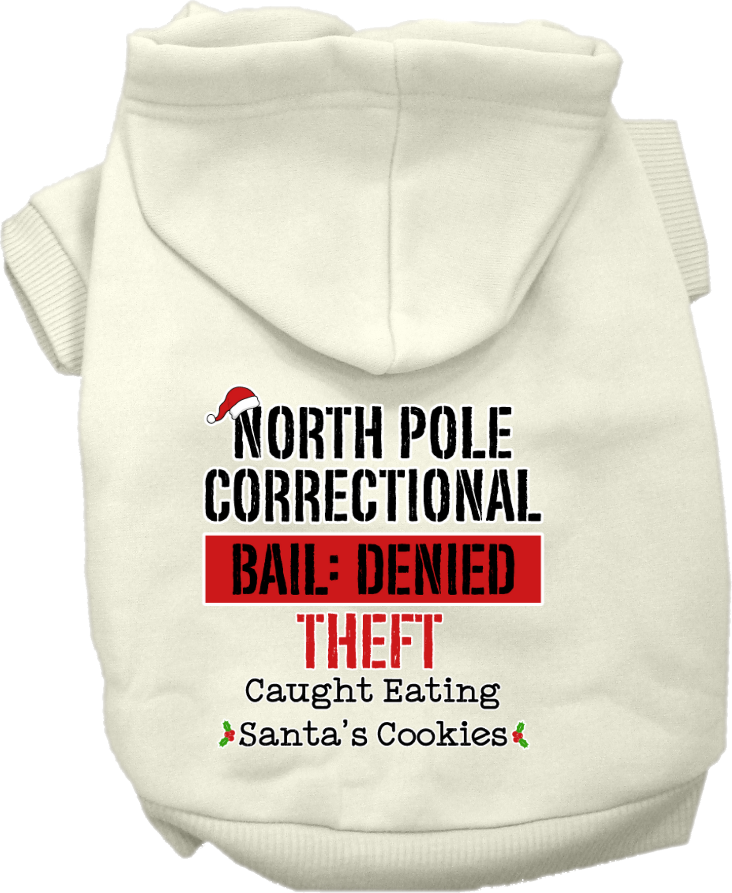 Christmas Pet, Dog & Cat Hoodie Screen Printed, "North Pole Correctional"