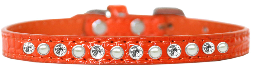 Dog, Puppy and Pet Designer Croc Collar, "One Row Pearl & Clear Crystals Rimsets"