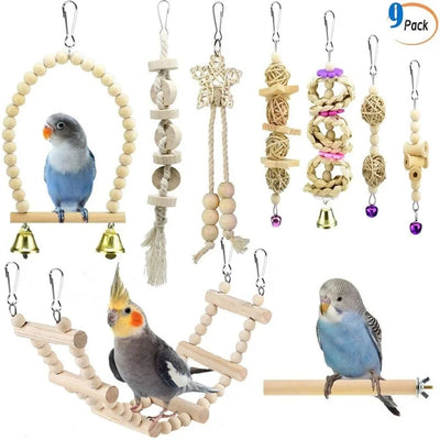 9 Pcs/Set Bird Parrot Swing Toys Chewing Standing Hanging Perch Hammock Climbing Ladder Bird Cage for Budgerigar Parakeet Conure