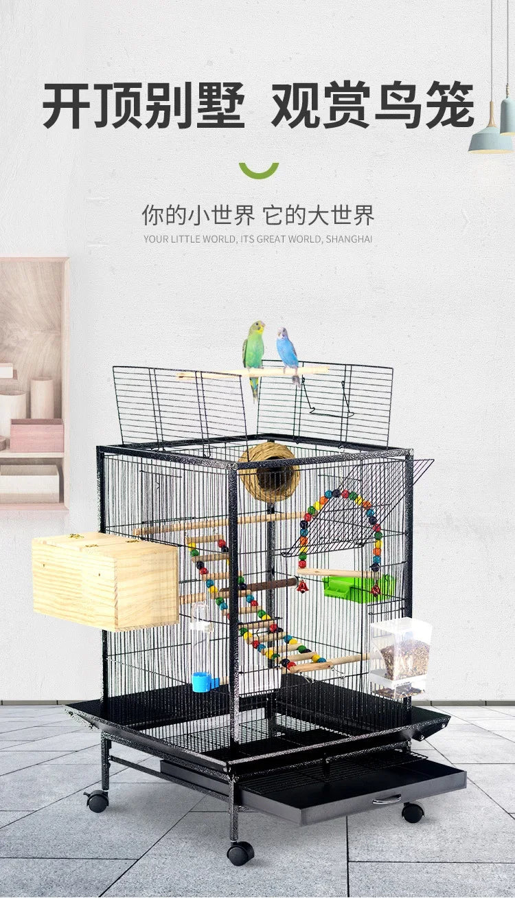 Large Metal Bird Cage with Wood Stand for Conures Lovebird Cockatiel Parakeets House Parrots Playground Activity Center