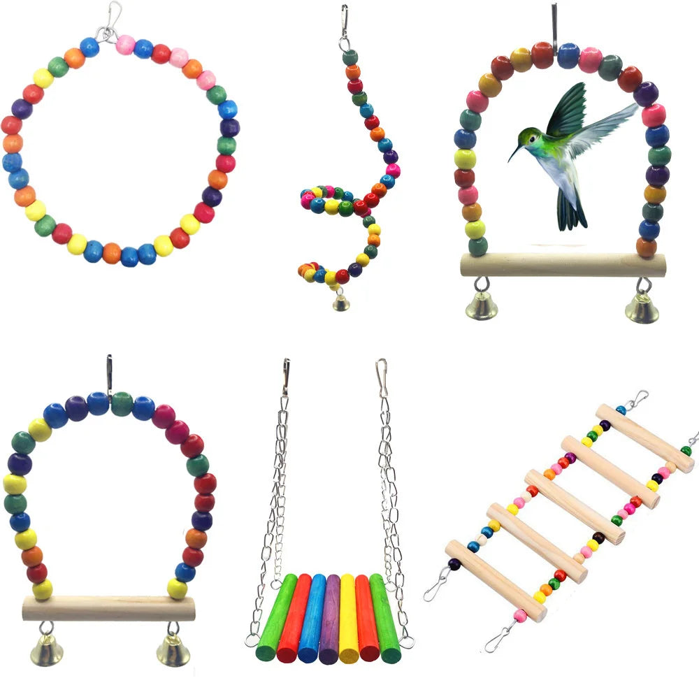 Bird Cage Toys for Parrots Wooden Colorful Swing Ladder Birds Reliable Chewable Bite Bridge Wooden Beads Shape Parrot Toy