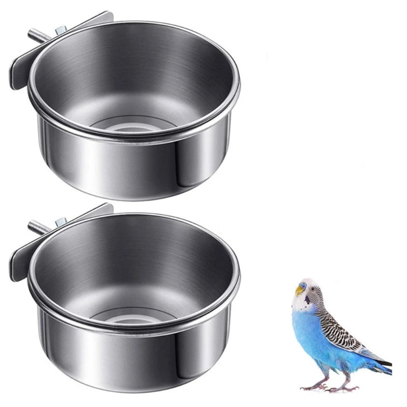 Parrot Feeding Cups Bird Feeder Dish Removable Stainless Steel Food Bowls with Clamp Holder for Cage for Small Animals Bird Cage