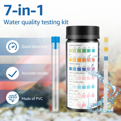 100Pcs Aquarium Test Strips 7-in-1 Fish Tank Test Kit with Test Tube Fast Accurate Aquarium pH Hardness Water Testing Strips