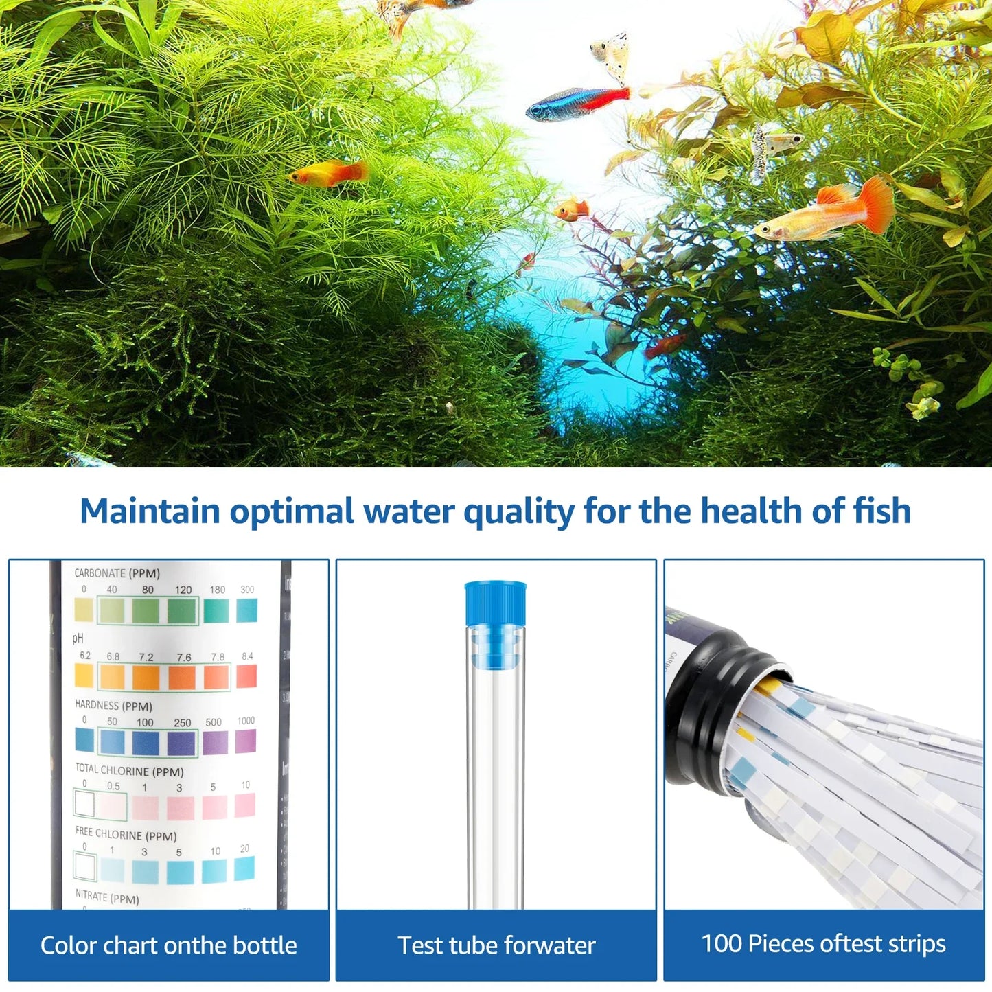 100Pcs Aquarium Test Strips 7-in-1 Fish Tank Test Kit with Test Tube Fast Accurate Aquarium pH Hardness Water Testing Strips