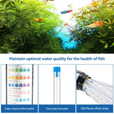 100Pcs Aquarium Test Strips 7-in-1 Fish Tank Test Kit with Test Tube Fast Accurate Aquarium pH Hardness Water Testing Strips