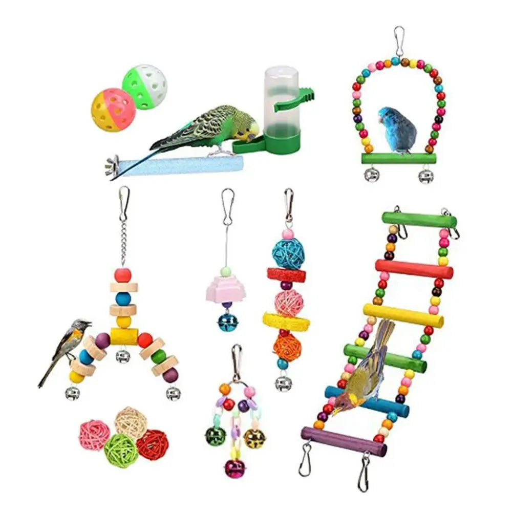 Bird Swing Chewing Toy Set Parrot Chew Toys Bird Toys Drinking Fountain Soft Bridge Wooden Bell With Hammock Climbing Ladders