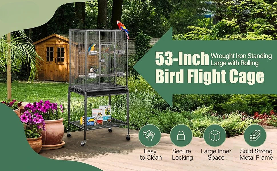 Bird Flight Cage with Rolling Bracket, Large Forged Iron Vertical, Suitable for A Variety of Small to Medium-sized Birds