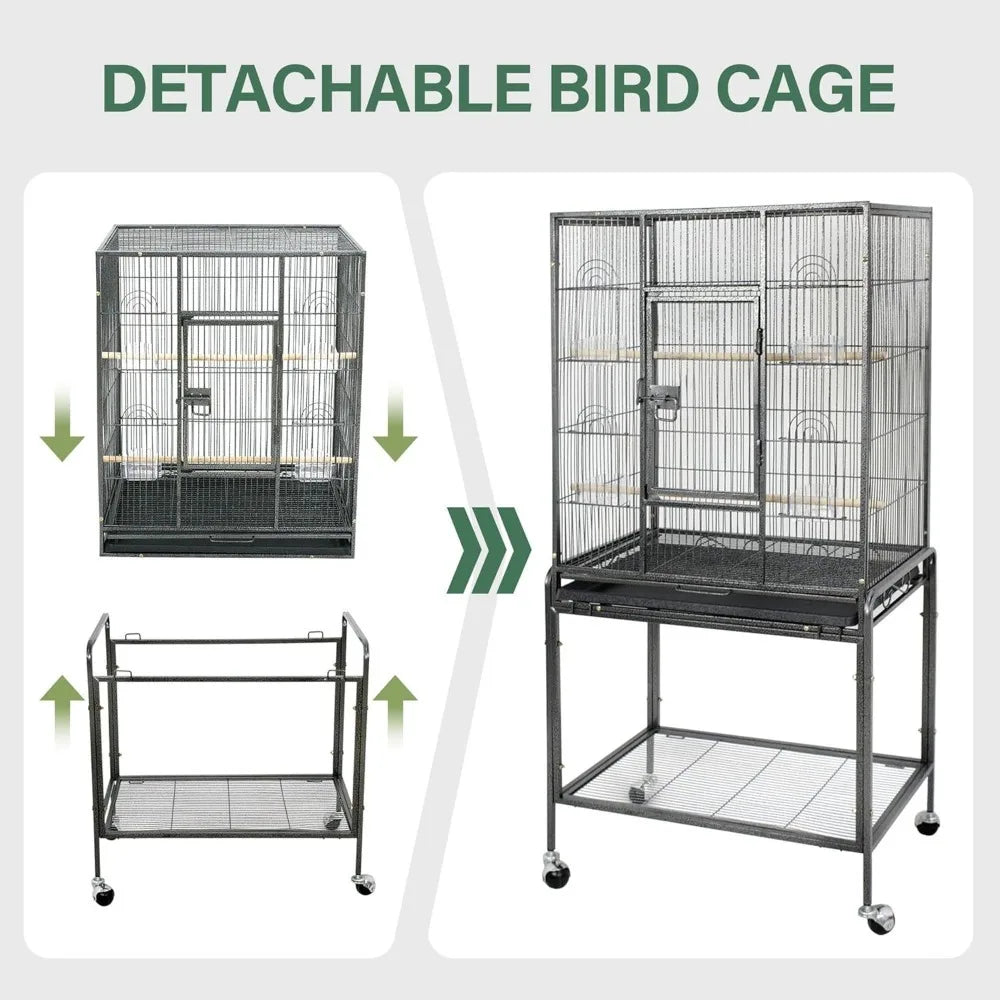 Bird Flight Cage with Rolling Bracket, Large Forged Iron Vertical, Suitable for A Variety of Small to Medium-sized Birds