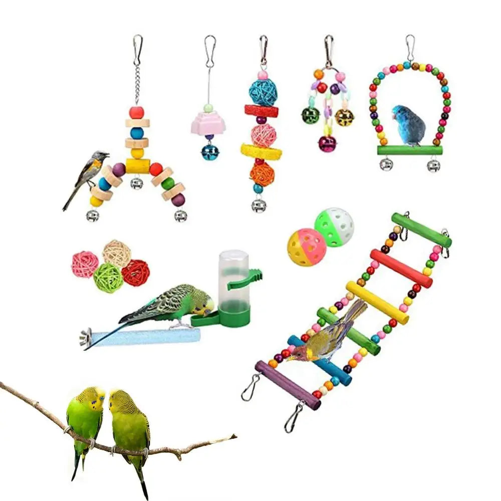 Bird Swing Chewing Toy Set Parrot Chew Toys Bird Toys Drinking Fountain Soft Bridge Wooden Bell With Hammock Climbing Ladders