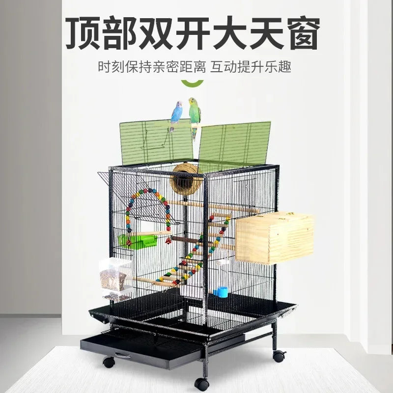 Large Metal Bird Cage with Wood Stand for Conures Lovebird Cockatiel Parakeets House Parrots Playground Activity Center