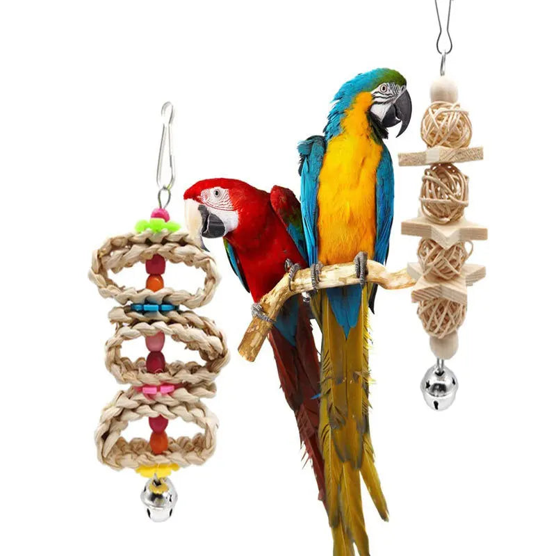 Parrot Toy Combination Set, Bird Habitat, Swing, Wood Color Bird Supplies, Biting Bird Toy Set, 8 pieces