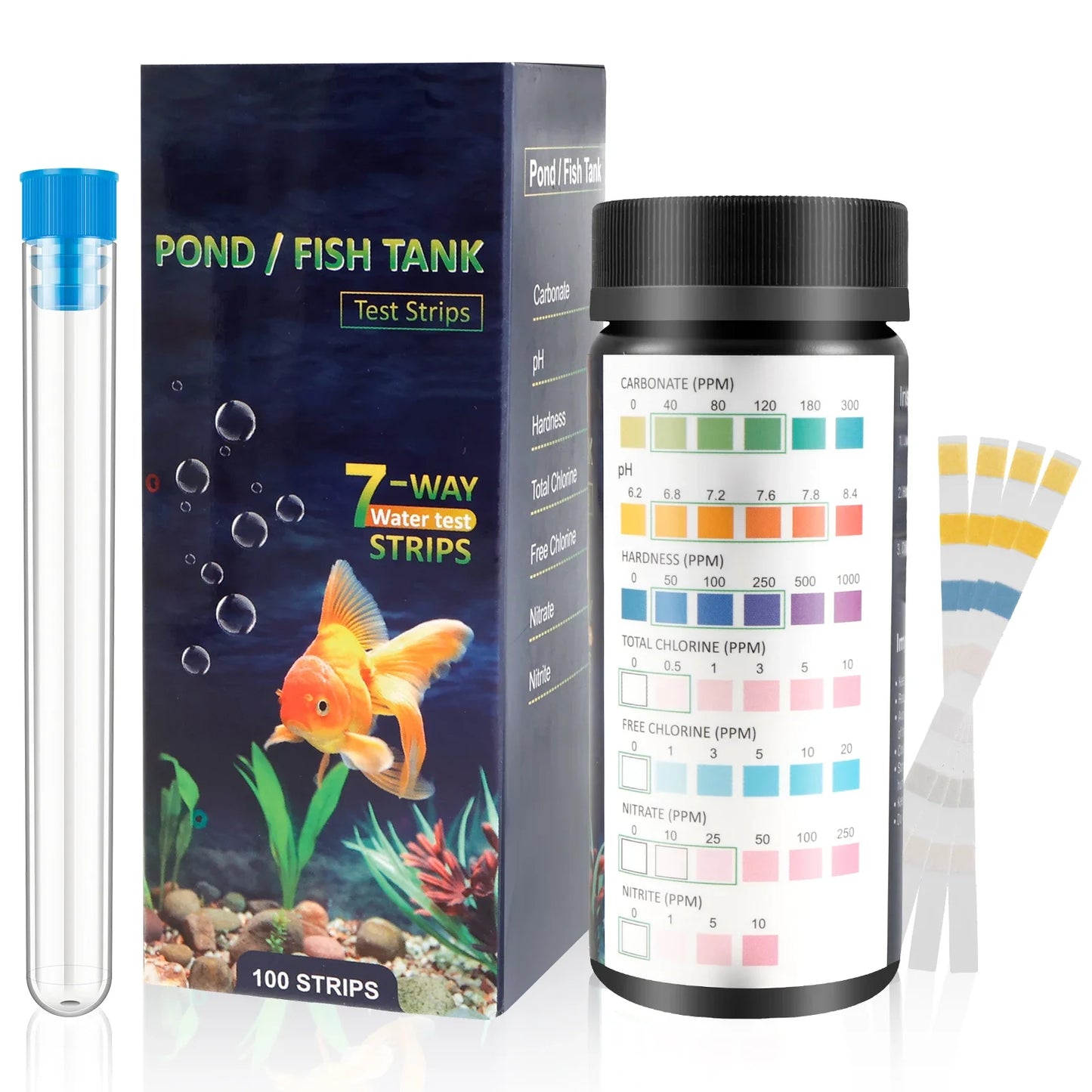 100Pcs Aquarium Test Strips 7-in-1 Fish Tank Test Kit with Test Tube Fast Accurate Aquarium pH Hardness Water Testing Strips