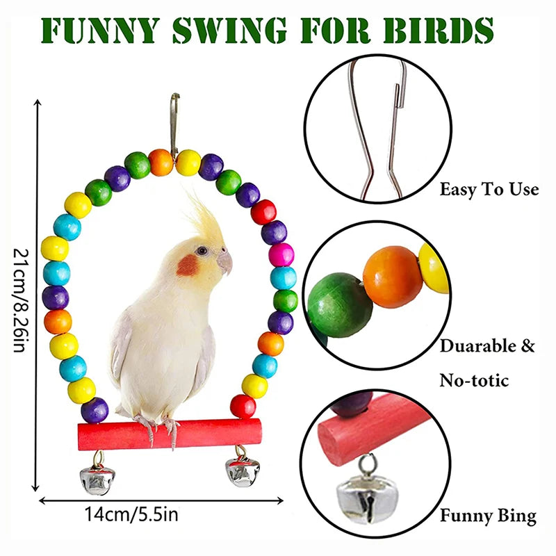 7pcs Pack Wood Parrot Toys Bird Toy Cage Bird Accessories  Swing Suspension Bridge Ball Cage Bells Pet Supplies Set