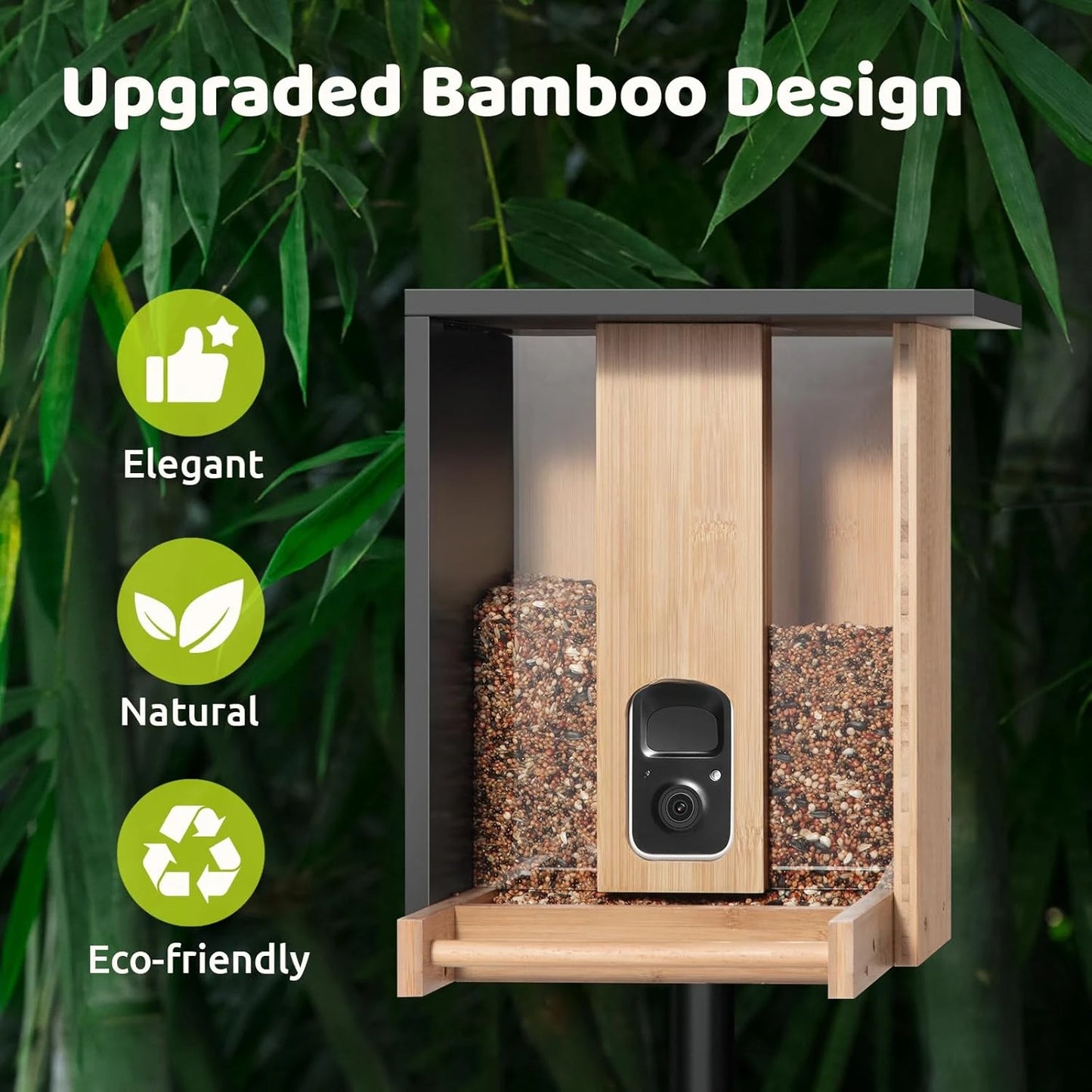 Powered, Auto Capture Birds & Notify in Time, Powerful AI Recognition, Bamboo Wood Bird Feeder Camera, Ideal Present