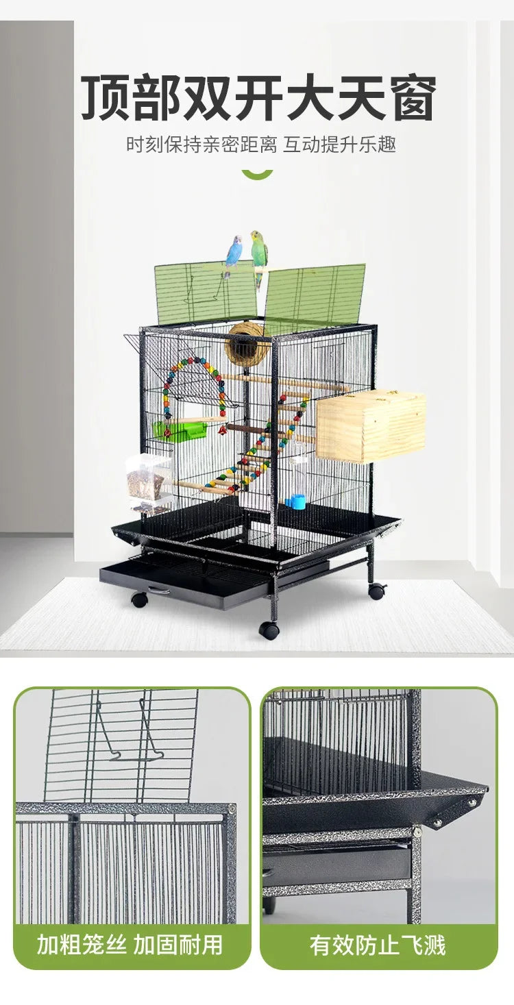 Large Metal Bird Cage with Wood Stand for Conures Lovebird Cockatiel Parakeets House Parrots Playground Activity Center