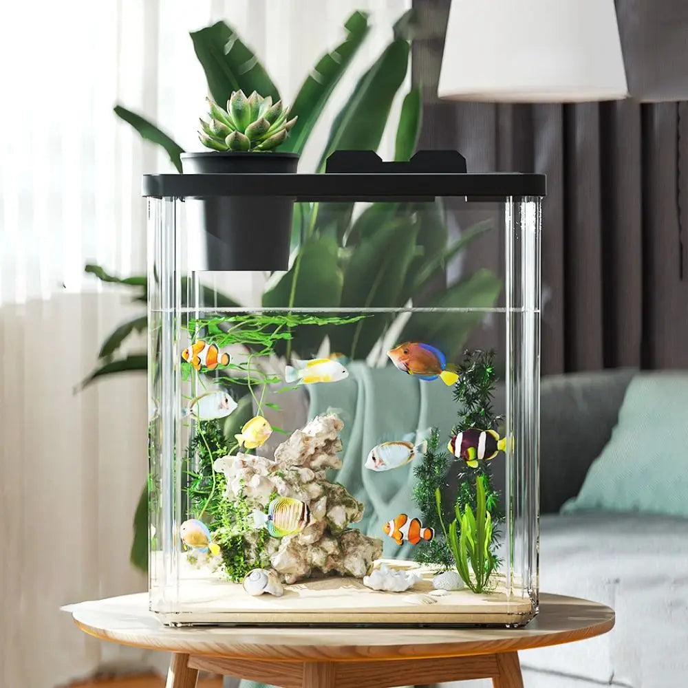 Transparent Betta Fish Viewing Box Removable with Cover Tabletop Fish Tank Goldfish Bowl Plastic Hydroponic Planter Fish Tank