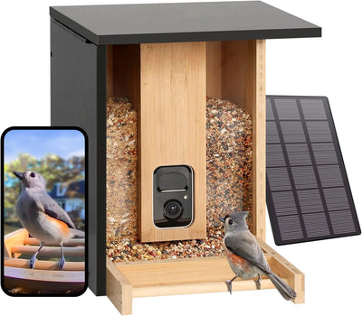 Powered, Auto Capture Birds & Notify in Time, Powerful AI Recognition, Bamboo Wood Bird Feeder Camera, Ideal Present