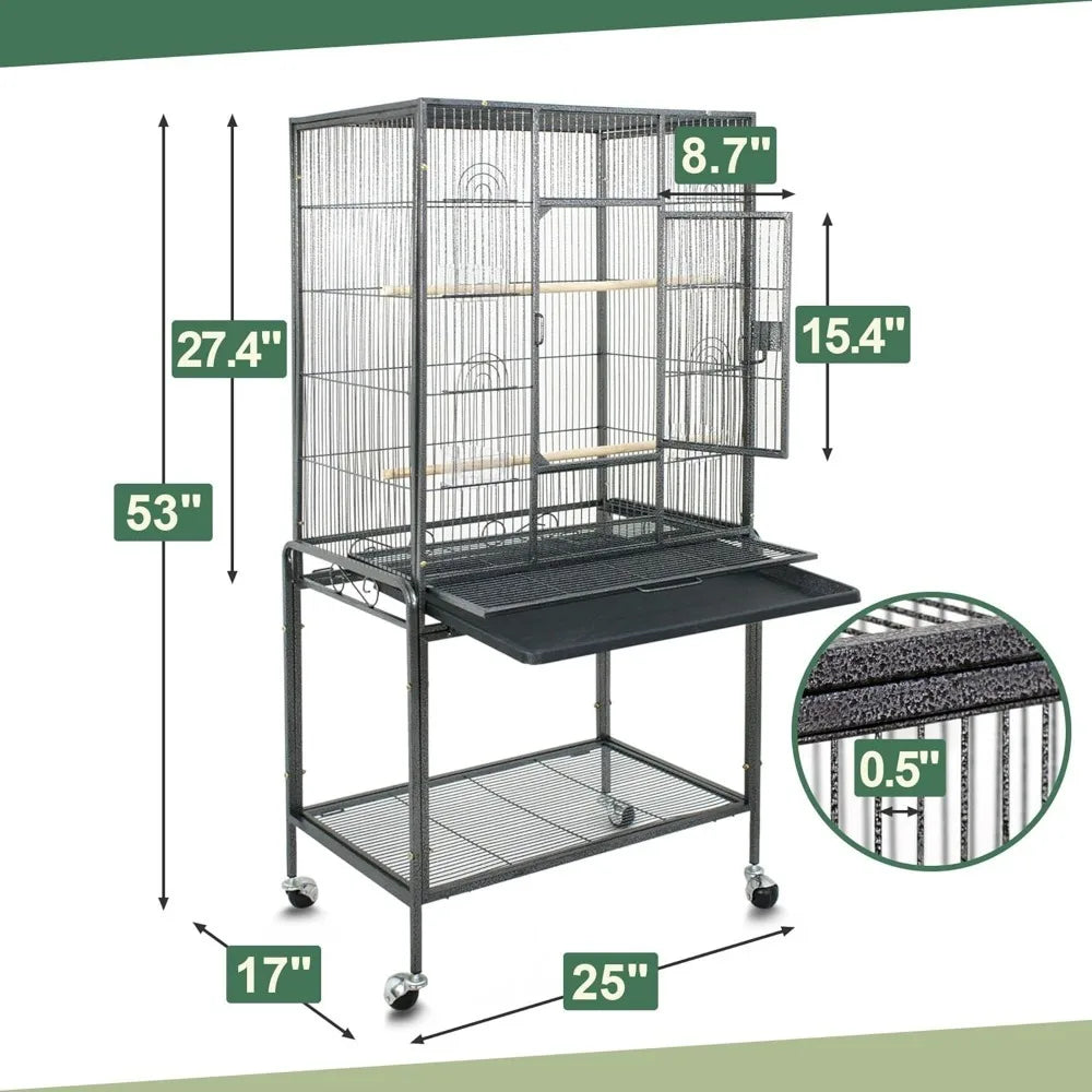 Bird Flight Cage with Rolling Bracket, Large Forged Iron Vertical, Suitable for A Variety of Small to Medium-sized Birds