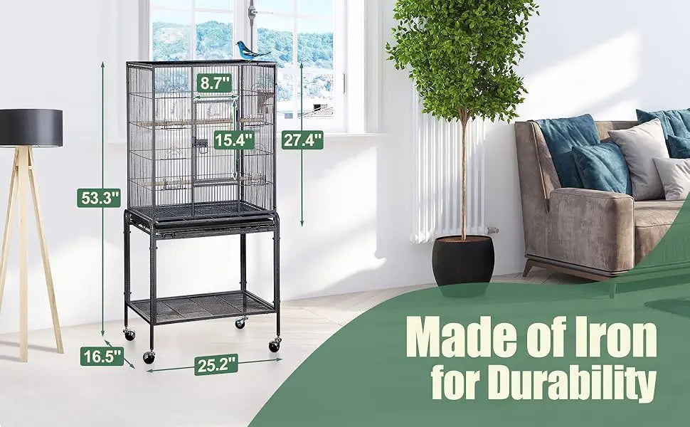 Bird Flight Cage with Rolling Bracket, Large Forged Iron Vertical, Suitable for A Variety of Small to Medium-sized Birds