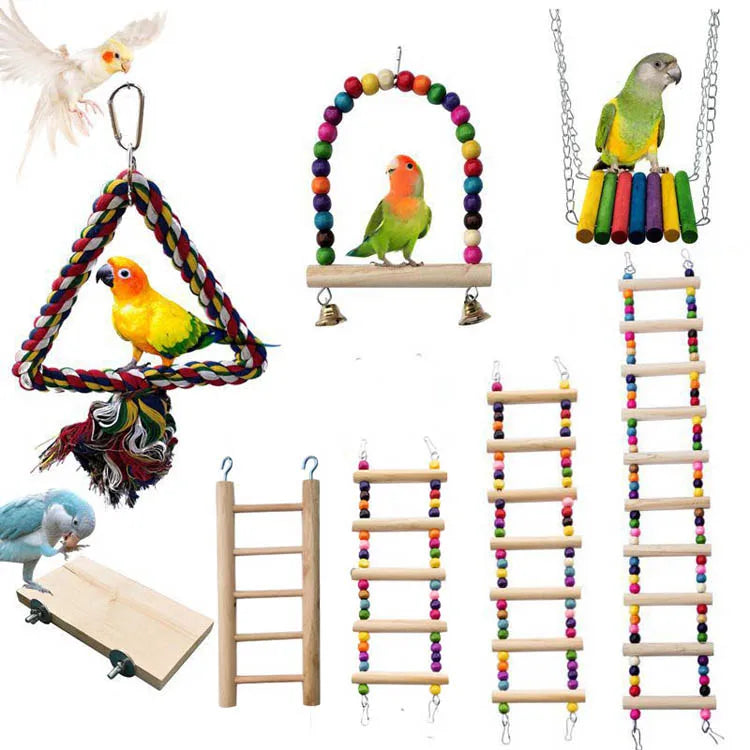 Wooden Bird Toys Small Parrot Chewing Training Toys Cotton Rope Swing Hanging Ring Bell Bird Cage Climbing Ladders Pet Supplies