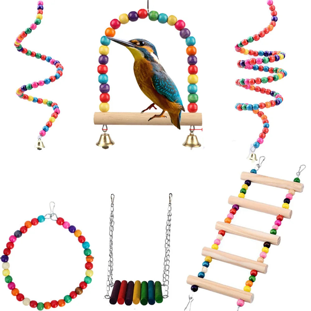 Bird Cage Toys for Parrots Wooden Colorful Swing Ladder Birds Reliable Chewable Bite Bridge Wooden Beads Shape Parrot Toy