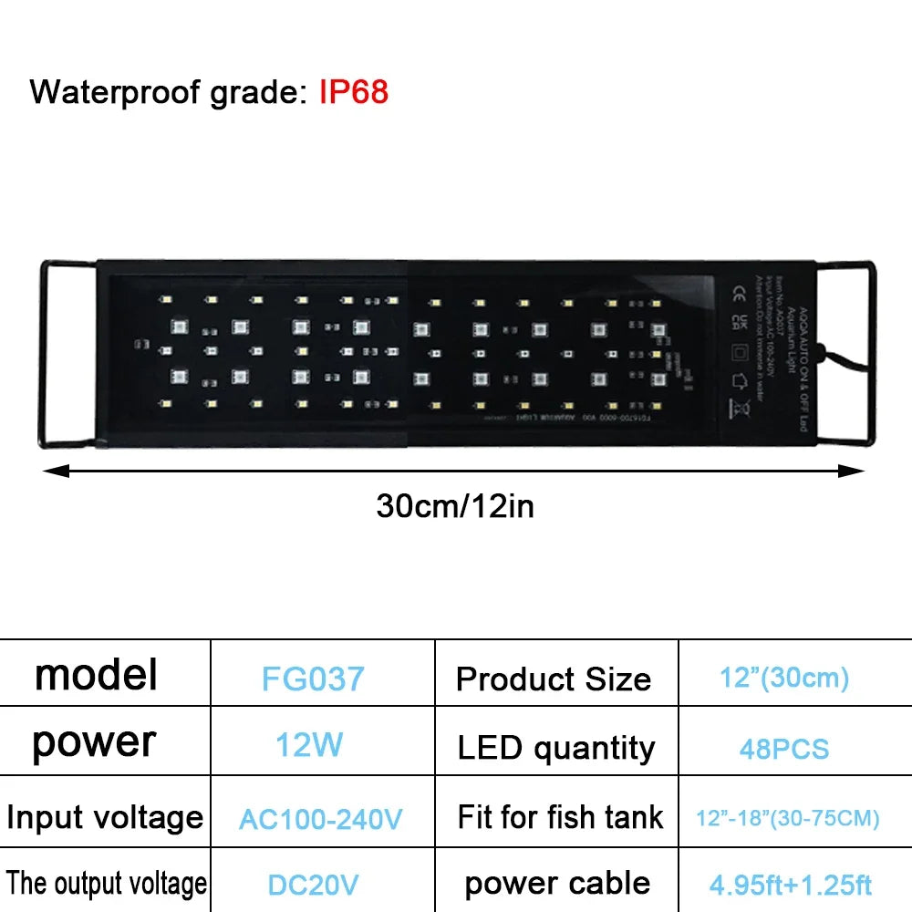 30-60cm Fish Tank 24/7 Full Spectrum Lighting LED Light Aquarium Decoration Aquatic Plant Growth Lamp IP68 Waterproof 100V-240V