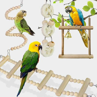 8PCS Set Combination Parrot Bird Toys Wood Articles Bite Pet Bird Toys For Parrot Training Bird Toy Swing Ball Bell Standing