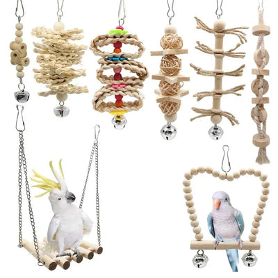 Parrot Toy Combination Set, Bird Habitat, Swing, Wood Color Bird Supplies, Biting Bird Toy Set, 8 pieces