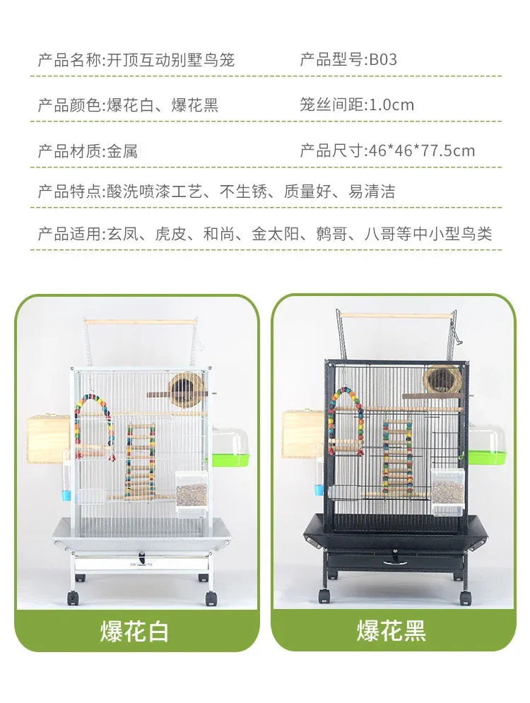 Large Metal Bird Cage with Wood Stand for Conures Lovebird Cockatiel Parakeets House Parrots Playground Activity Center