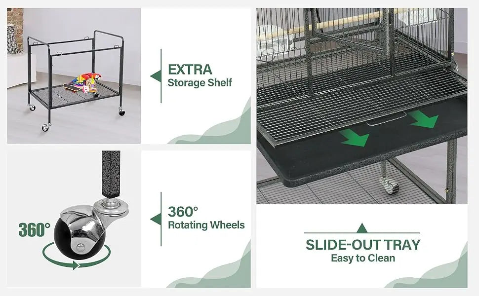 Bird Flight Cage with Rolling Bracket, Large Forged Iron Vertical, Suitable for A Variety of Small to Medium-sized Birds