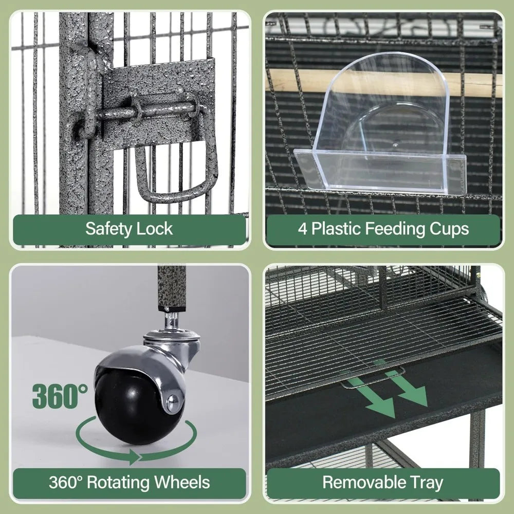 Bird Flight Cage with Rolling Bracket, Large Forged Iron Vertical, Suitable for A Variety of Small to Medium-sized Birds