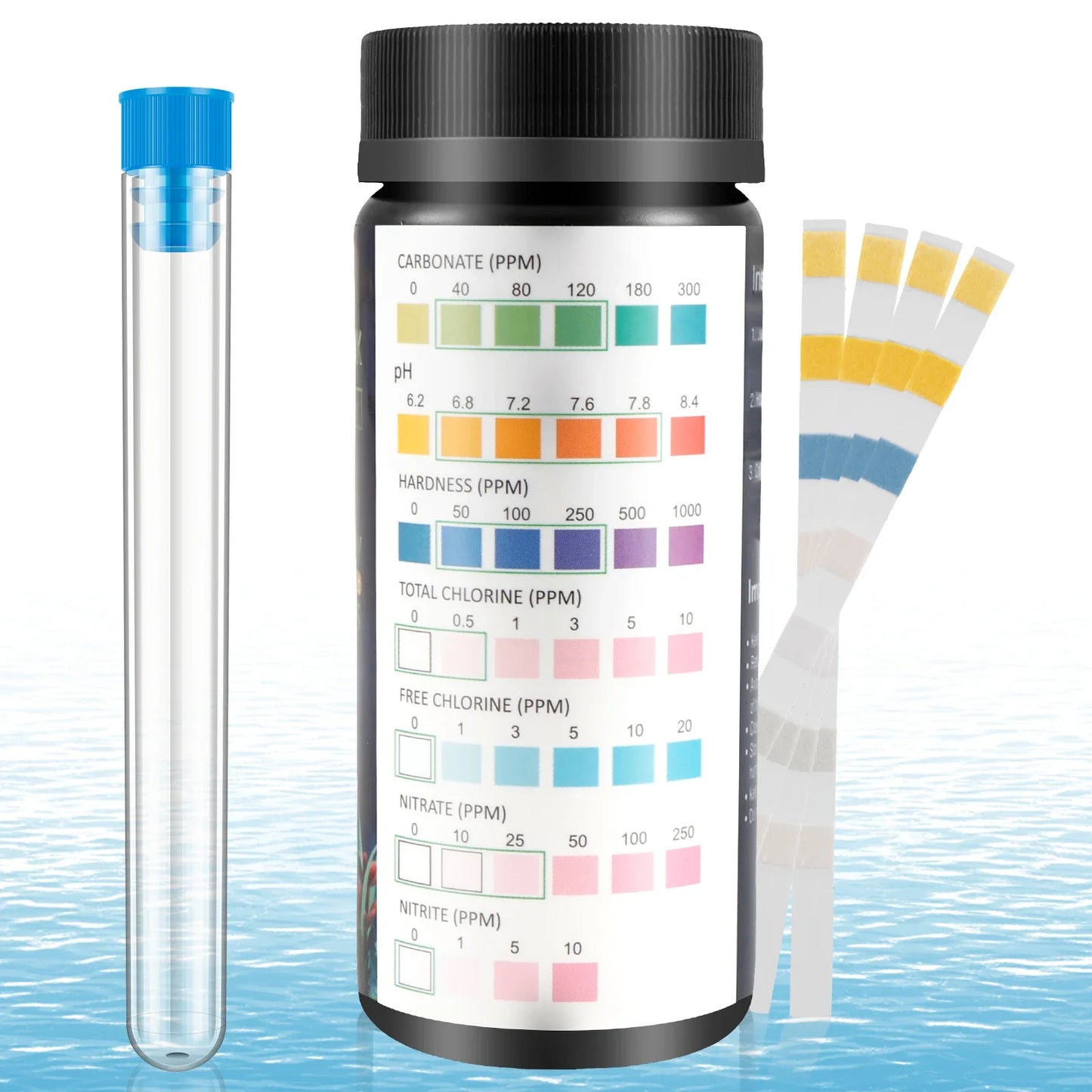 100Pcs Aquarium Test Strips 7-in-1 Fish Tank Test Kit with Test Tube Fast Accurate Aquarium pH Hardness Water Testing Strips