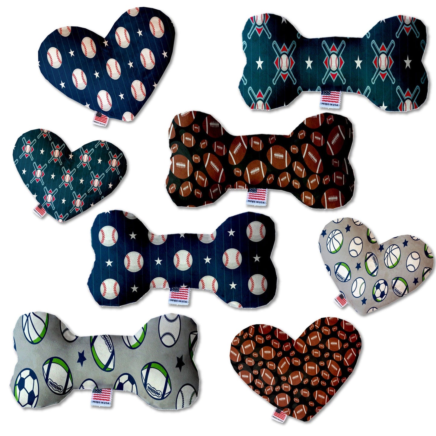 Pet and Dog Plush Heart or Bone Toy, "Sports Fan Group" (Available in different sizes, and 4 different pattern options!)