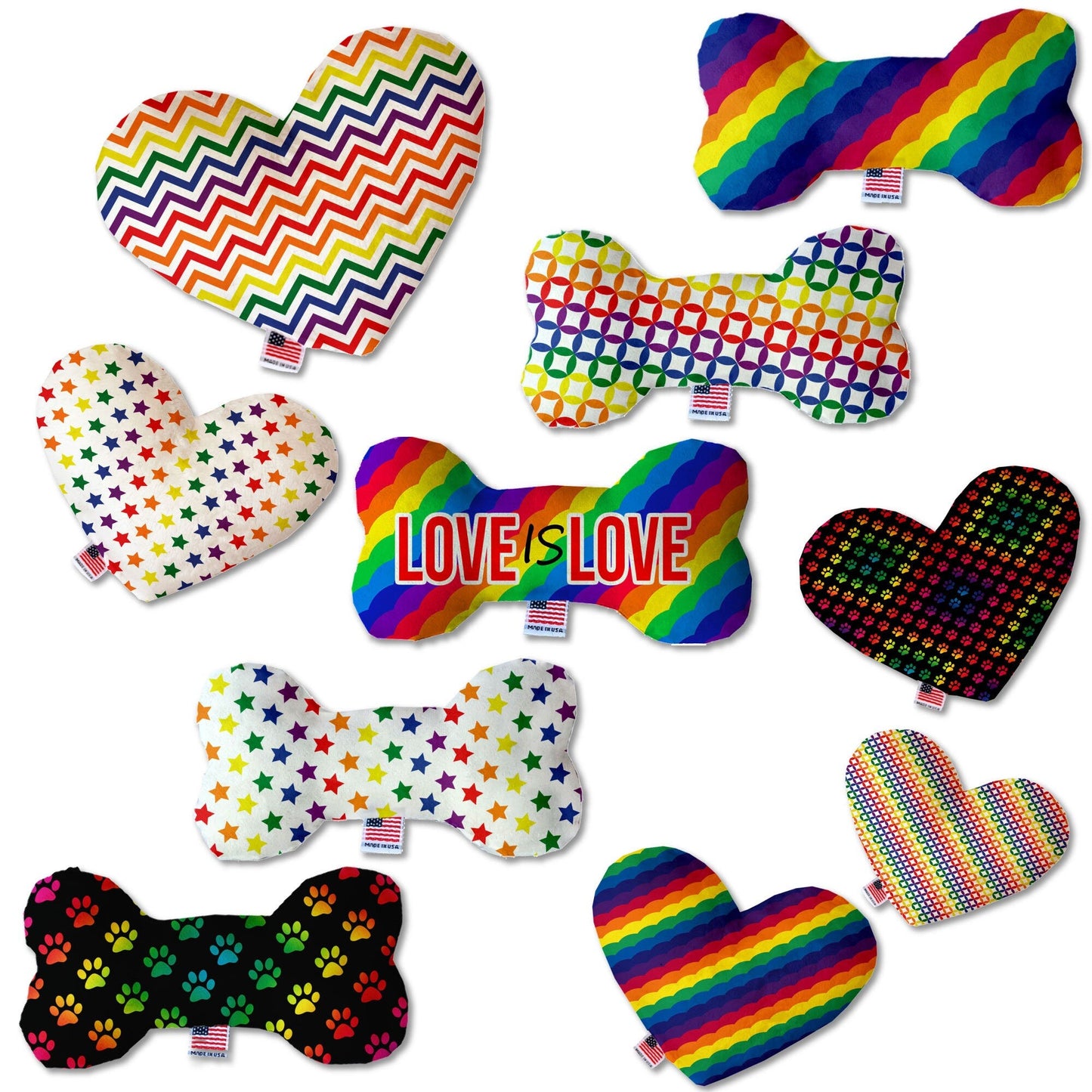 Pet and Dog Plush Heart or Bone Toy, "Rainbow Pride Group" (Available in different sizes, and 7 different pattern options!)