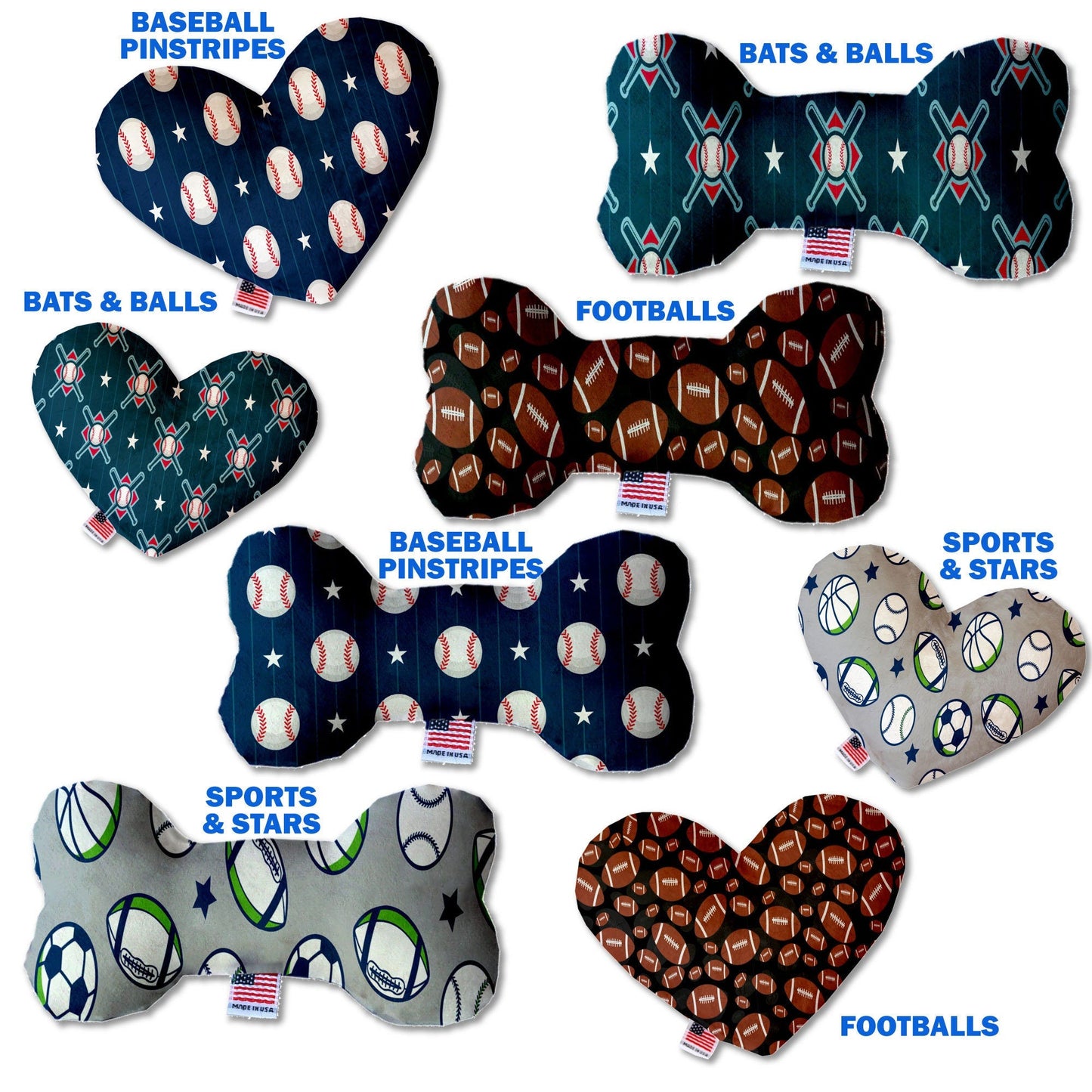 Pet and Dog Plush Heart or Bone Toy, "Sports Fan Group" (Available in different sizes, and 4 different pattern options!)