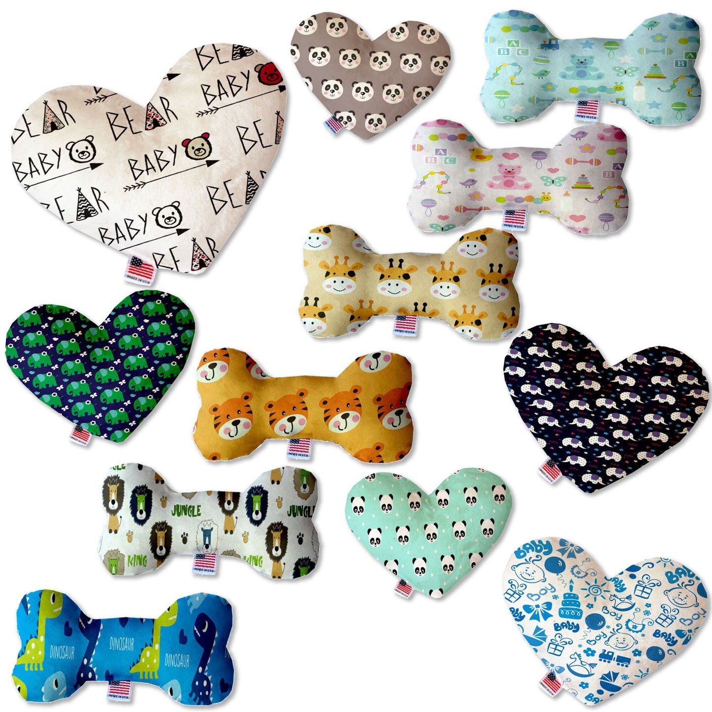 Pet and Dog Plush Heart or Bone Toy, "Oh Baby Group" (Available in different sizes, and 12 different pattern options!)