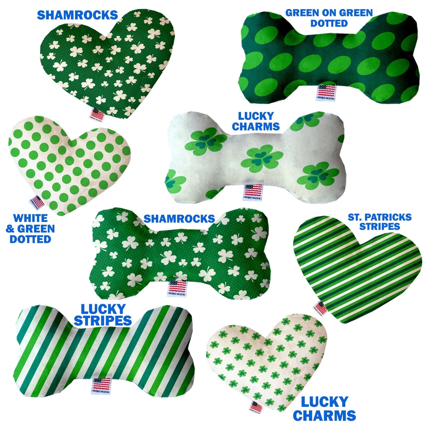 Pet and Dog Plush Heart or Bone Toy, "St. Patrick's Day Group" (Available in different sizes, and 6 different pattern options!)