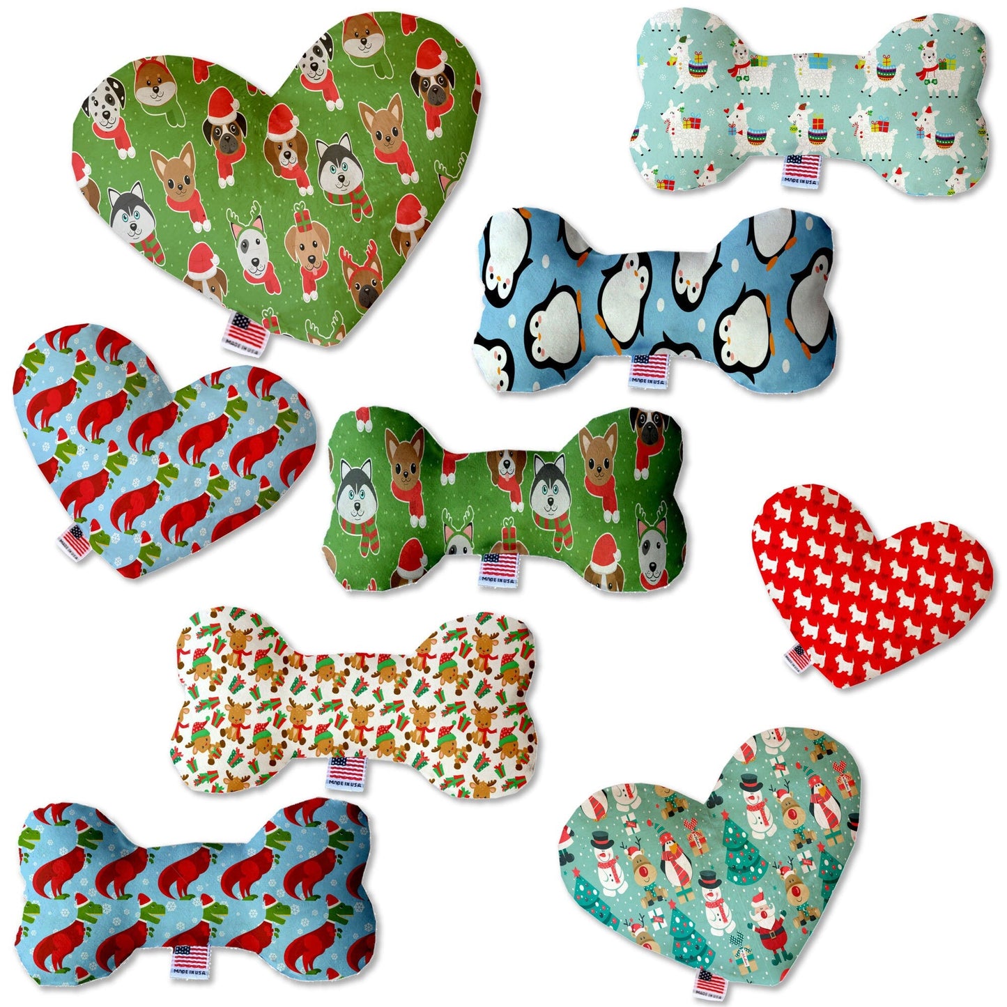 Christmas Pet and Dog Plush Heart or Bone Toy,  "Holiday Friends Group" (Available in different sizes, and 7 different patterns!)