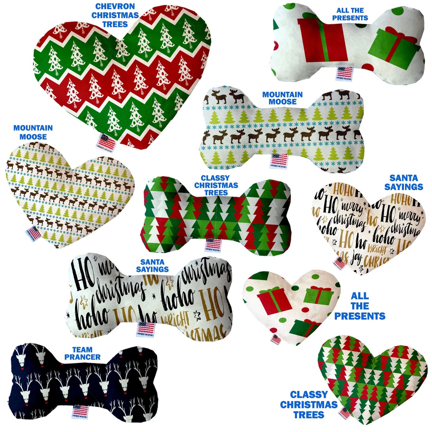 Christmas Pet and Dog Plush Heart or Bone Toy, "Classy Christmas Group" (Available in different sizes and 6 different patterns!)