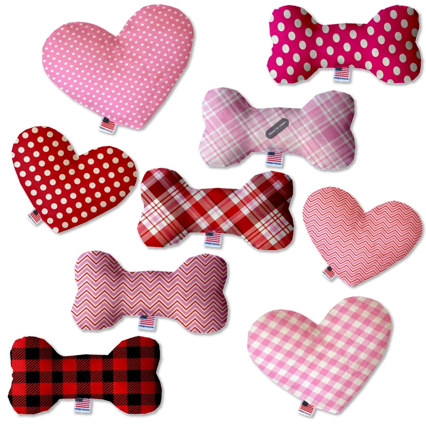 Pet and Dog Plush Heart or Bone Toy, "Valentine's Day Plaids, Dots & Chevron Group" (Available in different sizes and patterns!)