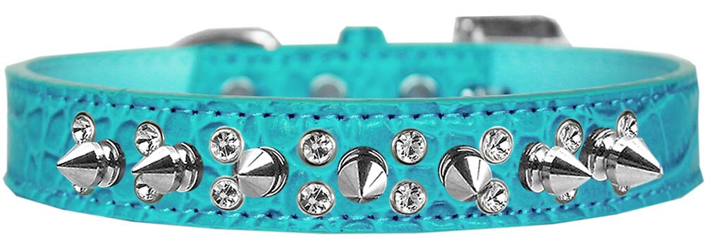 Dog, Puppy and Pet Designer Croc Collar, "Double Crystal & Silver Spikes"