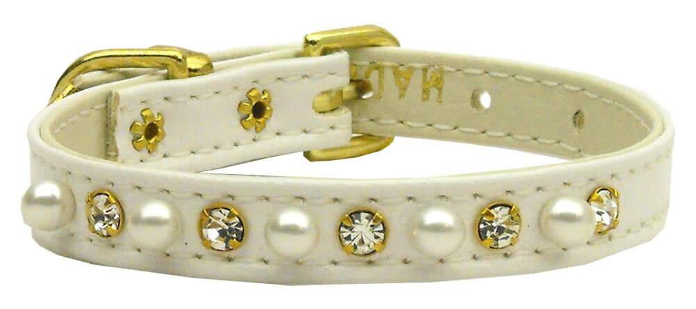 Dog, Puppy and Pet Collar, "3/8" Wide Pearl & Clear Crystals"