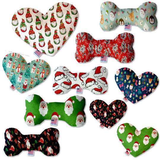 Pet and Dog Plush Heart or Bone Toy, "Santa Group" (Available in different sizes, and 8 different pattern options!)