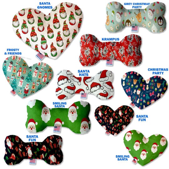 Pet and Dog Plush Heart or Bone Toy, "Santa Group" (Available in different sizes, and 8 different pattern options!)