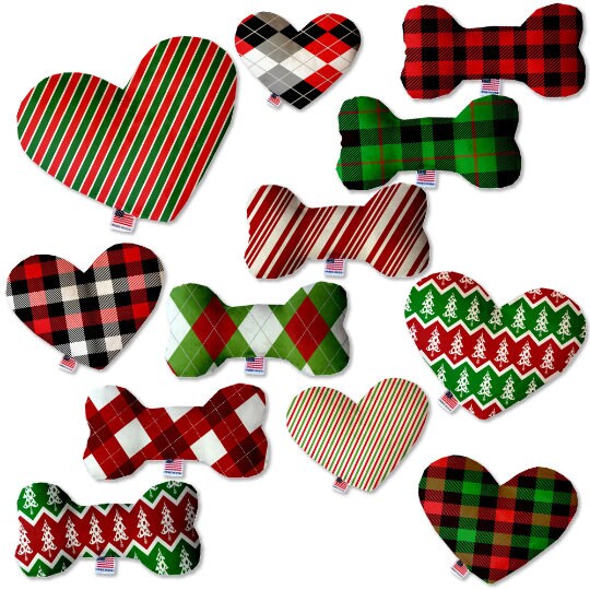 Pet and Dog Plush Heart or Bone Toy, "Christmas Patterns Group" (Available in different sizes, and 11 different pattern options!)