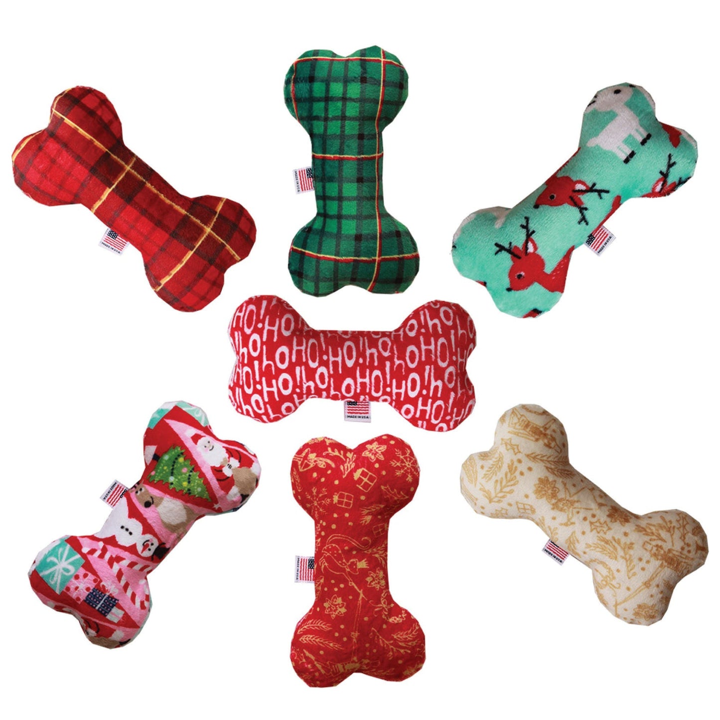 Pet and Dog Plush 6" Bone Toy, "Happy Holidays Group" (Available in 6 different pattern options!)