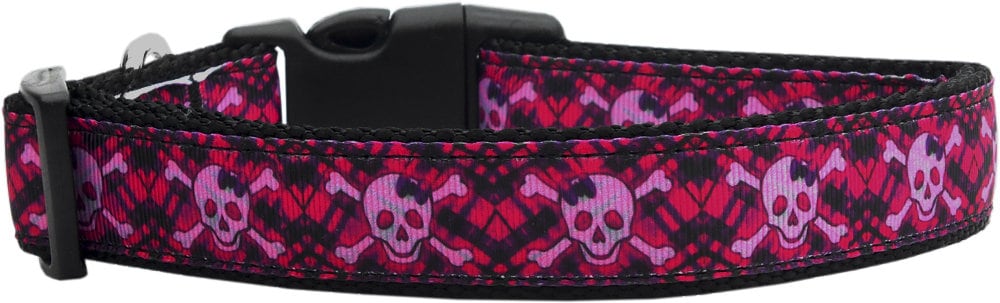 Pet Dog & Cat Nylon Collar or Leash, "Hot Pink Plaid Skulls"