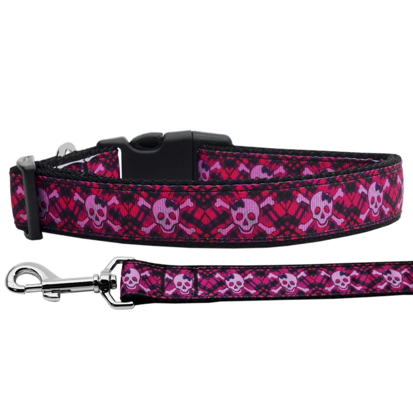 Pet Dog & Cat Nylon Collar or Leash, "Hot Pink Plaid Skulls"