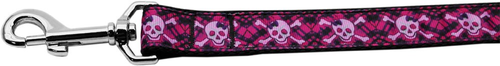 Pet Dog & Cat Nylon Collar or Leash, "Hot Pink Plaid Skulls"