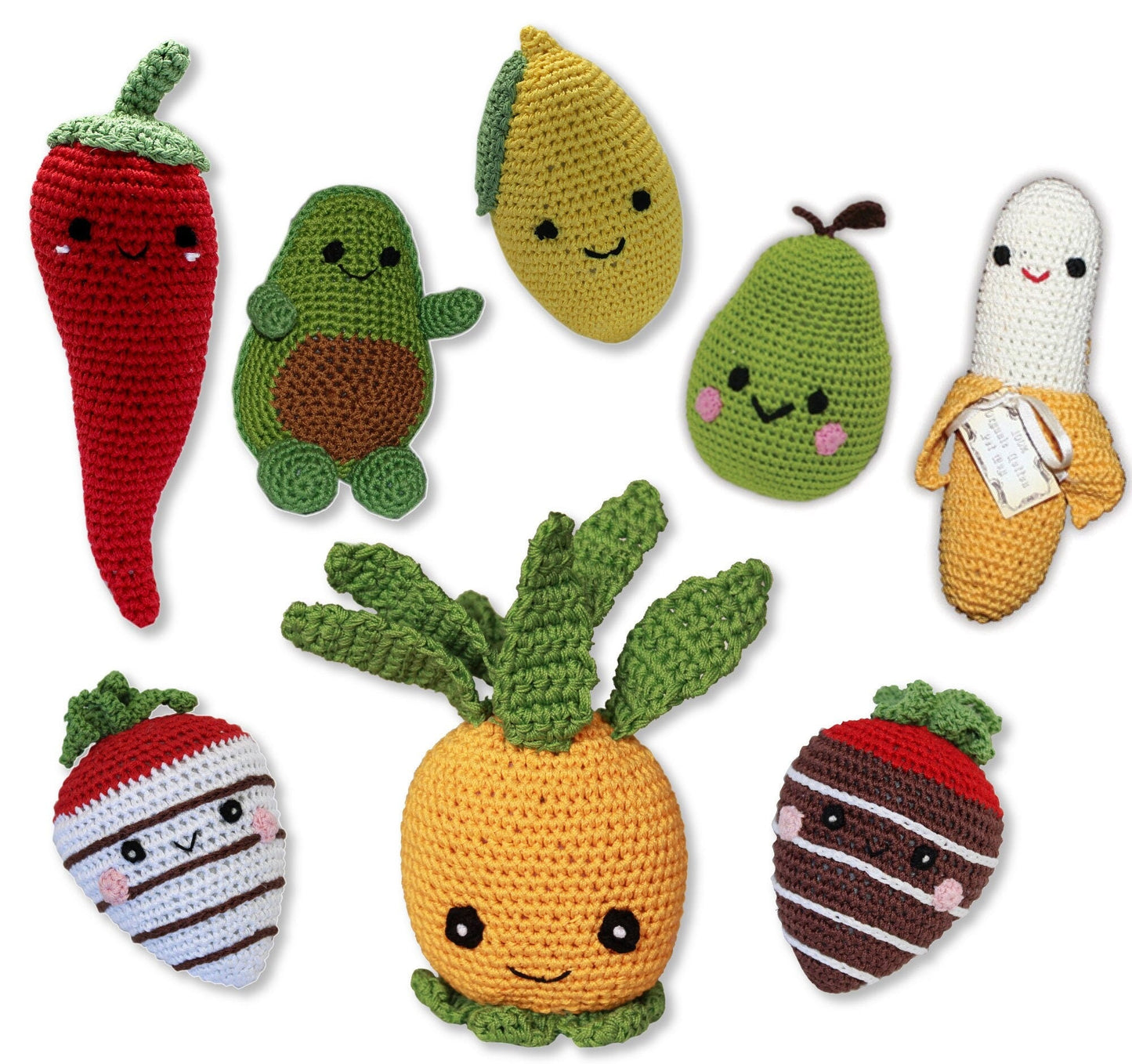 Knit Knacks Organic Cotton Pet & Dog Toys, "Fruits" (Choose from: Strawberries, Pear, Pineapple, Lemon, Chili Pepper, Avocado or Banana)